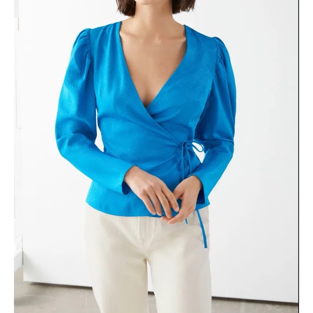 & Other Stories Jacquard Puff Sleeve Wrap Blouse Size 4 Turquoise Blue Holiday